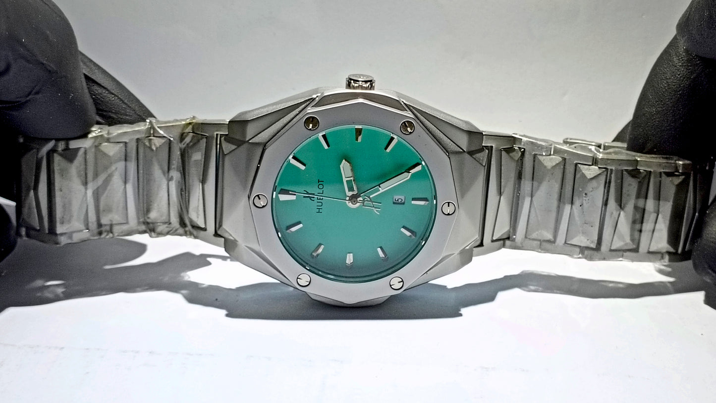 HUBLOT DIAMOND CUT DATE WATCH, WITH AQUA DIAL